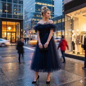 NWOT Imperial Maska Mode black tulle organza tiered ruffle long holiday dress, M